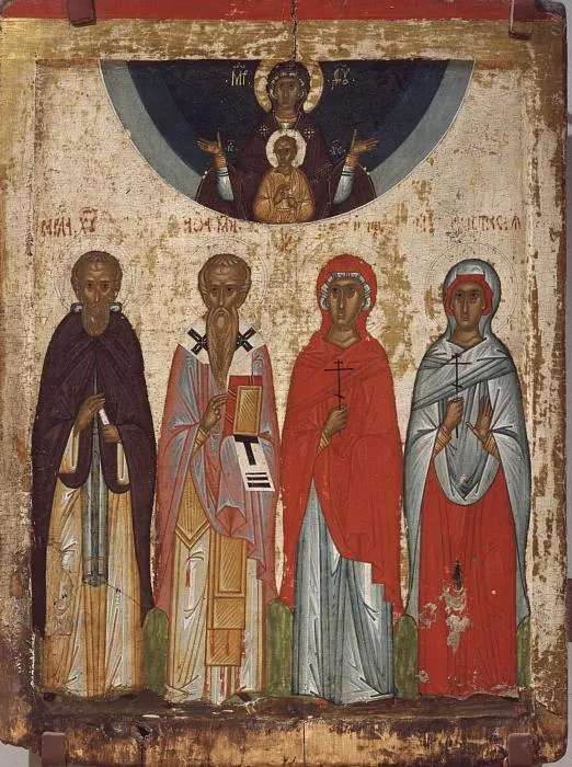 Icon. St Varlaam of Khutyn, St John the Merciful, St Paraskeva and St Anastasia with the Mother of God of the Holy Sign
